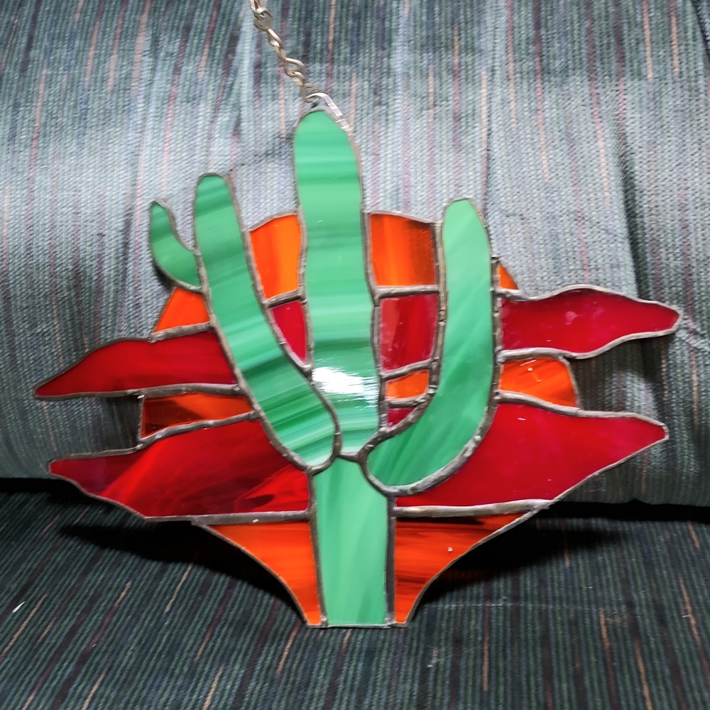 Stained Glass Southwestern Cactus Hanging Art Piece Sun Catcher 9 1/2 X 8